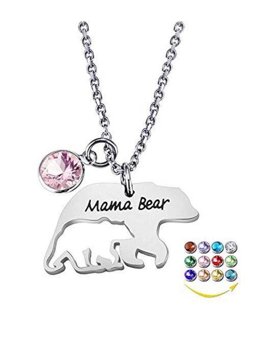 YOUFENG Mom Necklace Mama Bear Necklaces Pendant 12 Months Birthstone Jewelry for Women Girls