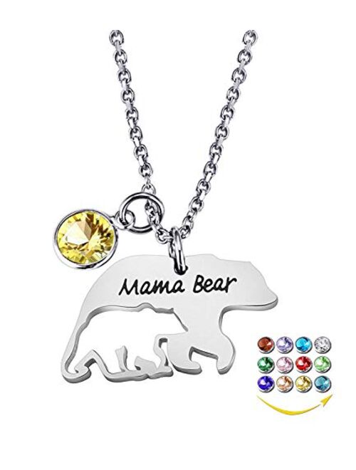 YOUFENG Mom Necklace Mama Bear Necklaces Pendant 12 Months Birthstone Jewelry for Women Girls