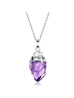 KISSPAT Unpolished Raw Amethyst Stone Pendant Necklace with 26'' Long Chain