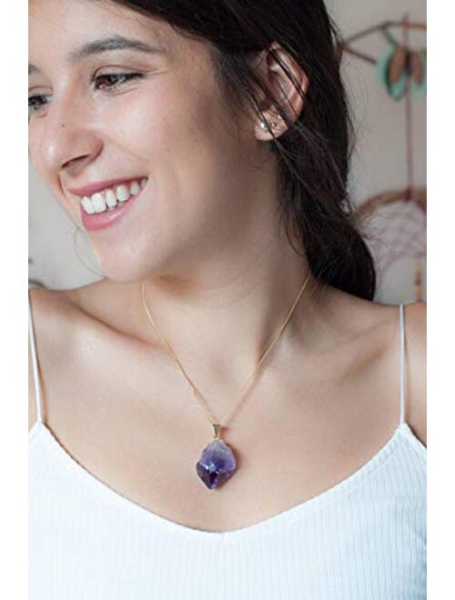 KISSPAT Unpolished Raw Amethyst Stone Pendant Necklace with 26'' Long Chain