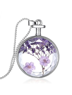 Dried Pressed Purple Flower Necklace Heart Round Shape Glass Pendant Necklace for Women Girl