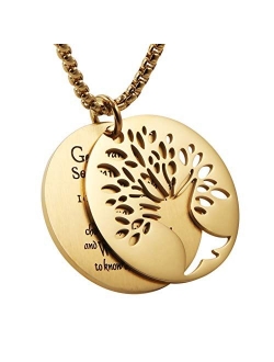 Two Piece Serenity Prayer Stainless Steel Pendant Necklace with Tree of Life Cut Out 22 2" Chain