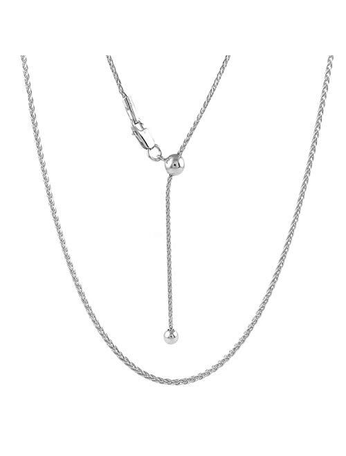 925 Sterling Silver 1.3MM Adjustable Wheat Chain Necklace, Bolo Necklace, Slider Necklace, Adjustable Fox Tail Spiga Necklace, Extends Up to 24 Inches, Sterling Silver Je