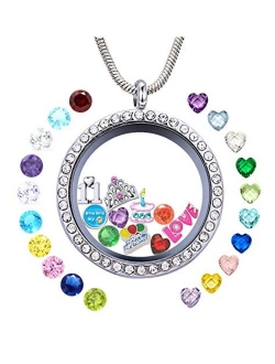 Birthday Gifts for Girl Her, Floating Living Memory Locket Necklace Pendant with Charms & Birthstones for 8th 9th 10th 11th 12th 13th 14th 15th Sweet 16 18th 21st 30th