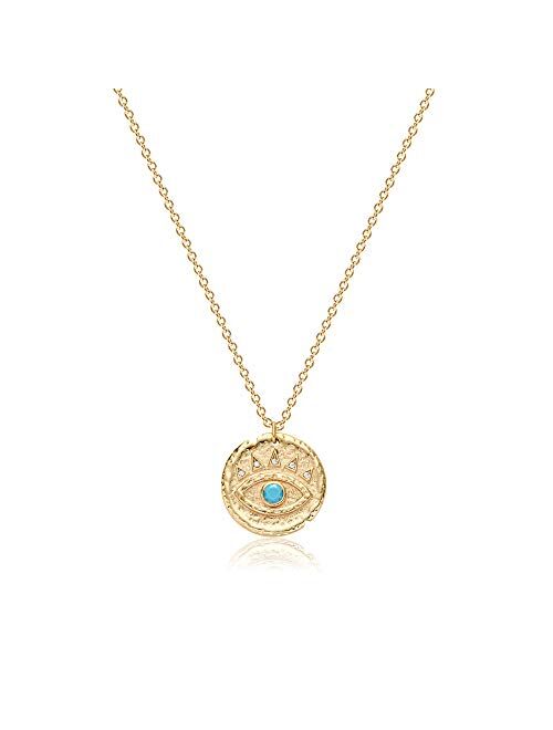 VACRONA Evil Eye Necklace for Women 18k Gold Plated Textured Disk Necklace Shark Tooth Necklace Multicolored CZ Turquoise Protection Heart Pendent Hamsa Minimallist Layer