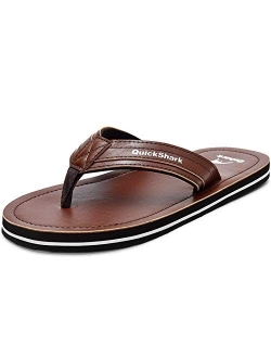 Quickshark Mens Flip Flops Leather Thong Sandals Arch Support Beach Slippers