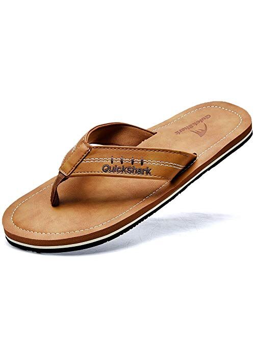 Quickshark Mens Flip Flops Leather Thong Sandals Arch Support Beach Slippers