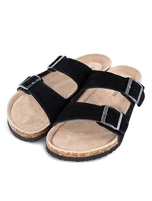 TF STAR Mens Arizona Cow Suede Leather Slide Sandals,2-Strap Adjustable Buckle,Casual Slippers, Slide Cork Footbed Shoes