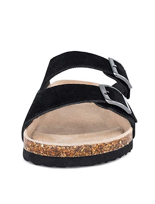 TF STAR Mens Arizona Cow Suede Leather Slide Sandals,2-Strap Adjustable Buckle,Casual Slippers, Slide Cork Footbed Shoes