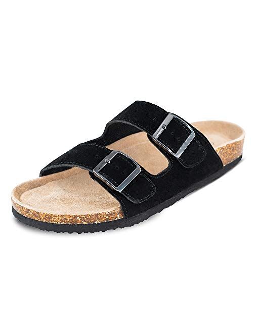 TF STAR Mens Arizona Cow Suede Leather Slide Sandals,2-Strap Adjustable Buckle,Casual Slippers, Slide Cork Footbed Shoes