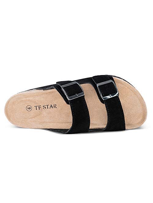 TF STAR Mens Arizona Cow Suede Leather Slide Sandals,2-Strap Adjustable Buckle,Casual Slippers, Slide Cork Footbed Shoes