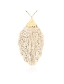 Antique Bohemian Silky Thread Fan Tassel Statement Necklace - Vintage Gold Feather Shape Strand Fringe Lightweight Long Chain