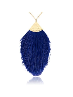 Antique Bohemian Silky Thread Fan Tassel Statement Necklace - Vintage Gold Feather Shape Strand Fringe Lightweight Long Chain