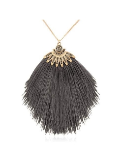 Antique Bohemian Silky Thread Fan Tassel Statement Necklace - Vintage Gold Feather Shape Strand Fringe Lightweight Long Chain