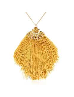 Antique Bohemian Silky Thread Fan Tassel Statement Necklace - Vintage Gold Feather Shape Strand Fringe Lightweight Long Chain