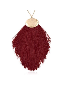 Antique Bohemian Silky Thread Fan Tassel Statement Necklace - Vintage Gold Feather Shape Strand Fringe Lightweight Long Chain