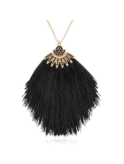 Antique Bohemian Silky Thread Fan Tassel Statement Necklace - Vintage Gold Feather Shape Strand Fringe Lightweight Long Chain