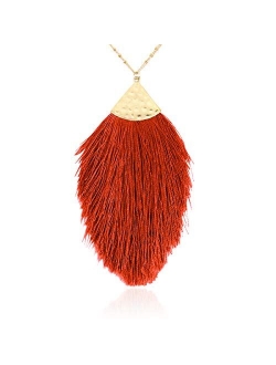 Antique Bohemian Silky Thread Fan Tassel Statement Necklace - Vintage Gold Feather Shape Strand Fringe Lightweight Long Chain