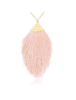 Antique Bohemian Silky Thread Fan Tassel Statement Necklace - Vintage Gold Feather Shape Strand Fringe Lightweight Long Chain