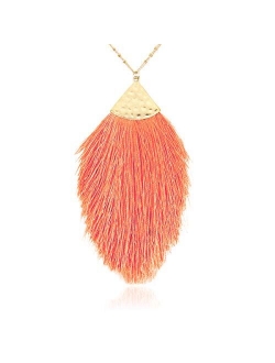 Antique Bohemian Silky Thread Fan Tassel Statement Necklace - Vintage Gold Feather Shape Strand Fringe Lightweight Long Chain