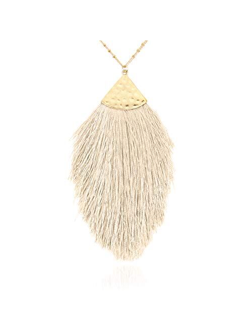 RIAH FASHION Antique Bohemian Silky Thread Fan Tassel Statement Necklace - Vintage Gold Feather Shape Strand Fringe Lightweight Long Chain