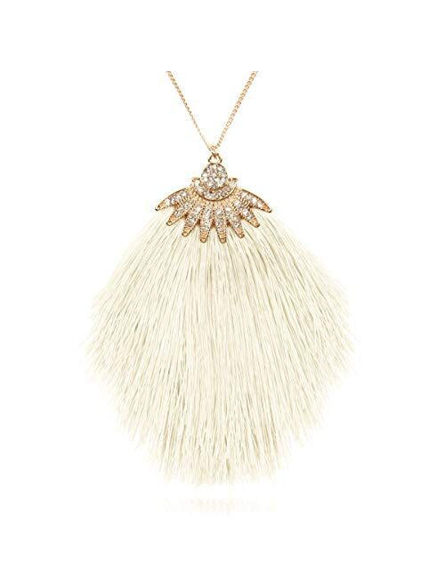 RIAH FASHION Antique Bohemian Silky Thread Fan Tassel Statement Necklace - Vintage Gold Feather Shape Strand Fringe Lightweight Long Chain