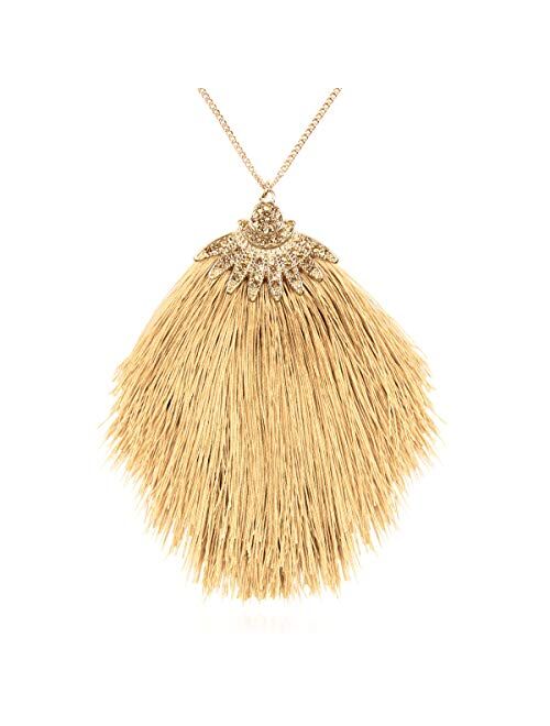 RIAH FASHION Antique Bohemian Silky Thread Fan Tassel Statement Necklace - Vintage Gold Feather Shape Strand Fringe Lightweight Long Chain