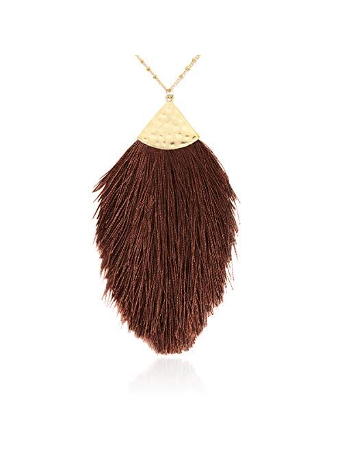 RIAH FASHION Antique Bohemian Silky Thread Fan Tassel Statement Necklace - Vintage Gold Feather Shape Strand Fringe Lightweight Long Chain