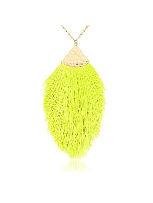 RIAH FASHION Antique Bohemian Silky Thread Fan Tassel Statement Necklace - Vintage Gold Feather Shape Strand Fringe Lightweight Long Chain