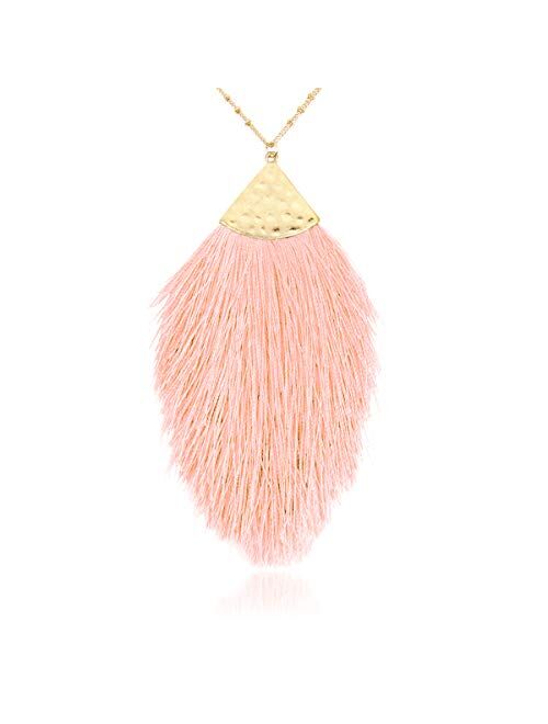 RIAH FASHION Antique Bohemian Silky Thread Fan Tassel Statement Necklace - Vintage Gold Feather Shape Strand Fringe Lightweight Long Chain