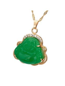 ZenBless Laughing Buddha Pendant Agate Necklace Golden Plated Copper Water Wave Chain Amulet Gift Attract Good Luck