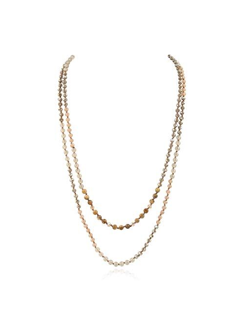 RIAH FASHION Bead Strand Versatile 60" Long Wrap Necklace - Handmade Knotted Multi Layer Sparkly Crystal, Semi Precious Natural Stone, Lava, Glass Faux Pearl