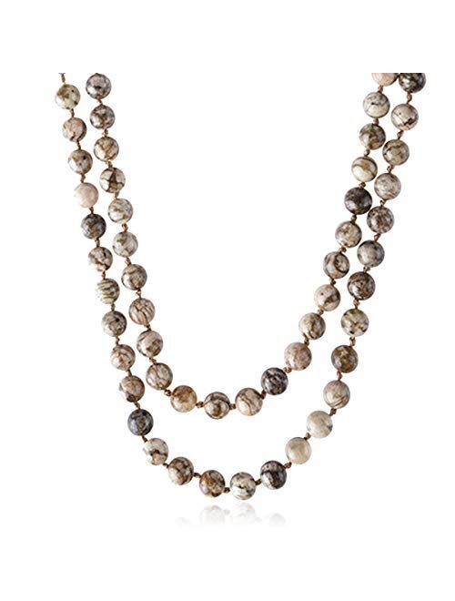 RIAH FASHION Bead Strand Versatile 60" Long Wrap Necklace - Handmade Knotted Multi Layer Sparkly Crystal, Semi Precious Natural Stone, Lava, Glass Faux Pearl