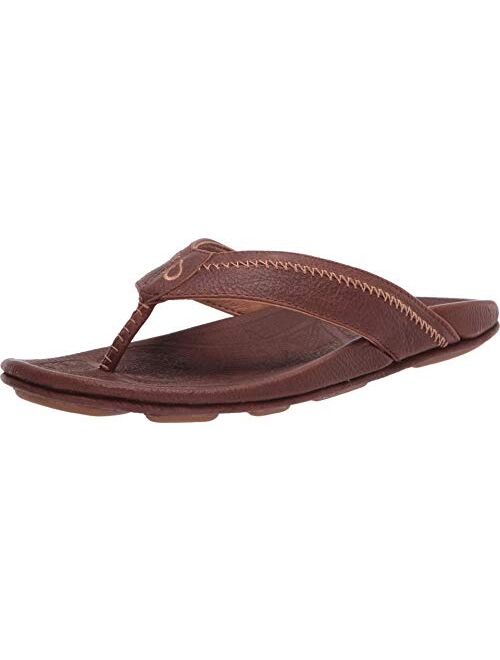 OluKai Hiapo Men's Beach Sandals, Full-Grain Leather Flip-Flop Slides, Compression Molded Footbed & Comfort Fit, Enhanced Grip Soles