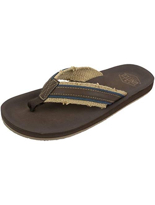 UNITED SUPPLY CO. Men's Sandal with Arch Support,Flip Flop Sandal, Classic Casual and Comfortable, Frayed Webbing, Brown Navy, Size 8 to 13