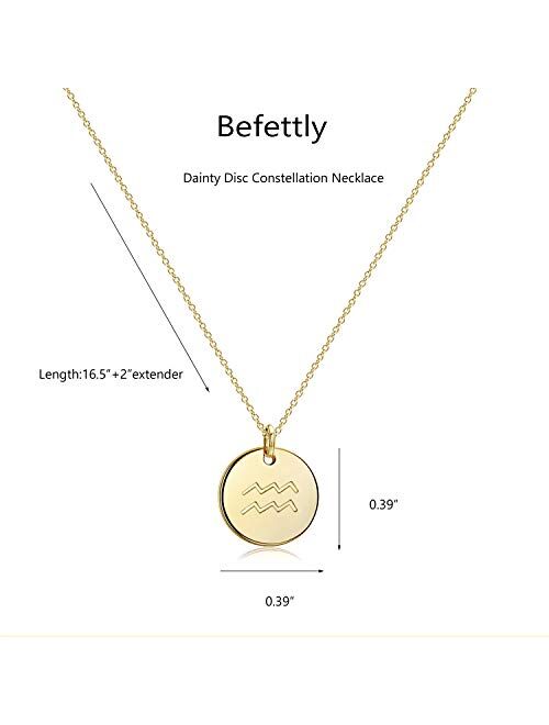 Befettly Constellation Necklace Pendant 14K Gold-Plated Hammered Round Disc Engraved Zodiac Sign Pendant 16.5 Adjustable Dainty Necklace