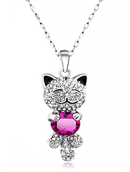 Caperci Cute Lucky Cat Swarovski Crystal Pendant Necklace - Best Christmas Jewelry Gifts for Daughter and Girls