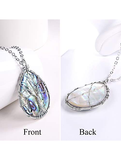 FOCALOOK Tree of Life Natural Abalone Shell Necklace,Family Tree Necklace for Men Women