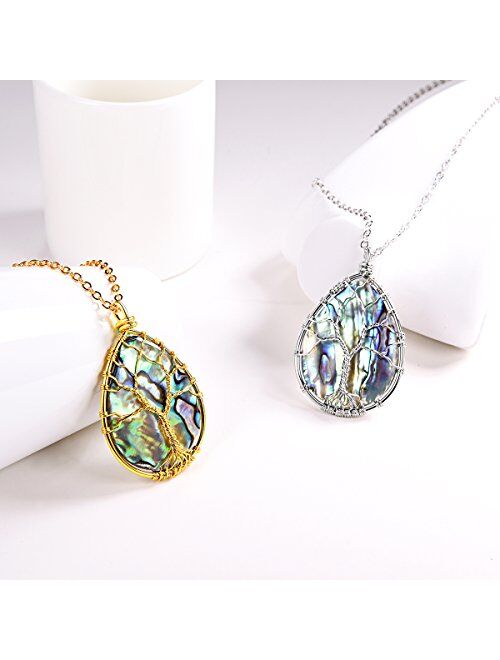 FOCALOOK Tree of Life Natural Abalone Shell Necklace,Family Tree Necklace for Men Women