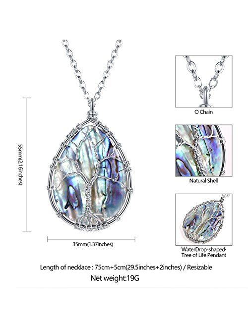 FOCALOOK Tree of Life Natural Abalone Shell Necklace,Family Tree Necklace for Men Women