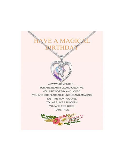 Silver Unicorn Necklace Earrings for Girls Women, with Life Is Magical Message Gift Card Birthday Gift 18+2 inch