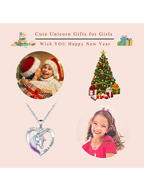 Silver Unicorn Necklace Earrings for Girls Women, with Life Is Magical Message Gift Card Birthday Gift 18+2 inch