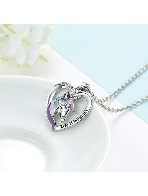 Silver Unicorn Necklace Earrings for Girls Women, with Life Is Magical Message Gift Card Birthday Gift 18+2 inch