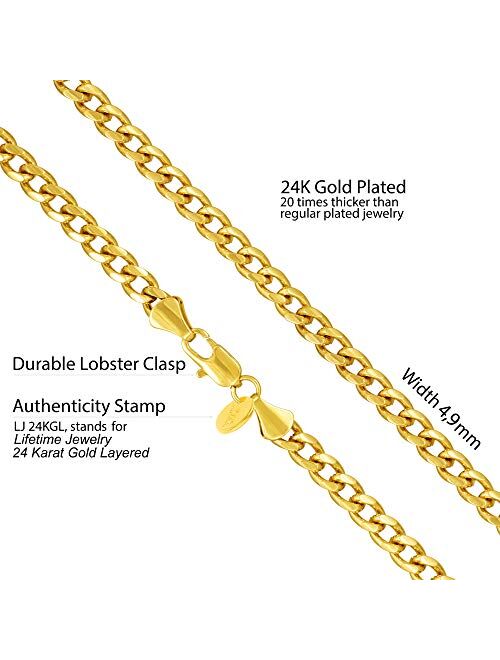 Lifetime Jewelry 5mm Cuban Link Chain Necklace for Women & Men 24k Gold Plated