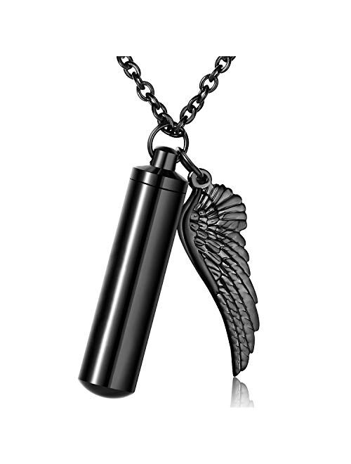 XIUDA Cremation Jewelry Urn Necklace for Ashes with Angel Wing Charm & Cylinder Eternity Stainless Steel