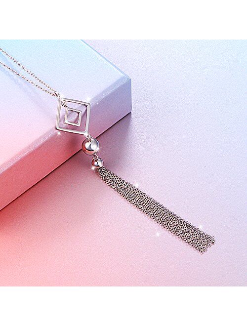 Christmas Gift S925 Sterling Silver Long Chain Necklace for Women Statement Pendant Fringe Sweater Necklaces