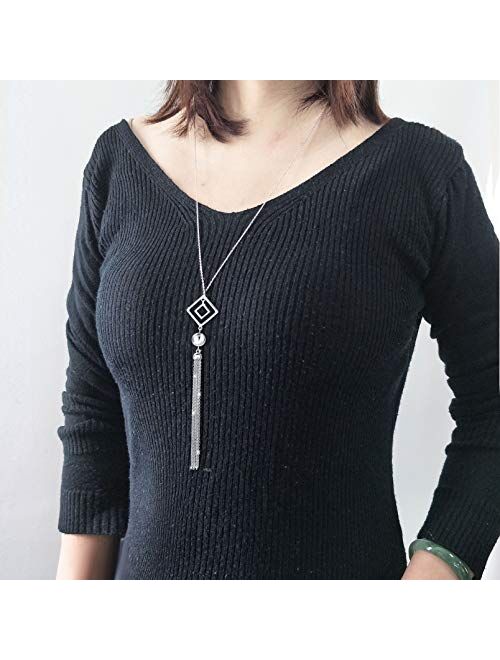 Christmas Gift S925 Sterling Silver Long Chain Necklace for Women Statement Pendant Fringe Sweater Necklaces