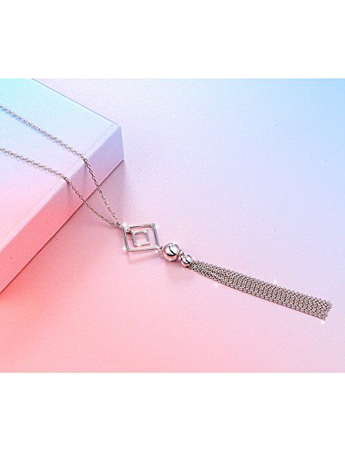 Christmas Gift S925 Sterling Silver Long Chain Necklace for Women Statement Pendant Fringe Sweater Necklaces