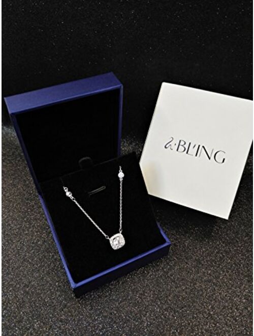 SBLING Platinum Plated Cubic Zirconia/Swarovski Cushion Shape Halo Pendant Necklace/Earrings- Gifts for Women/Girls