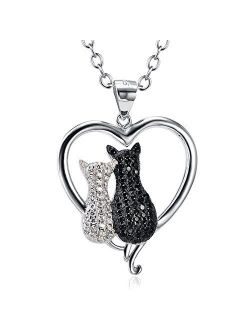 Angel caller Cat Necklaces 925 Sterling Silver Jewelry Cute Double Two-Tone Cat Pendant Cubic Zirconia Necklace Rolo Chain,Eternal Love Heart Necklace for Women,Girls